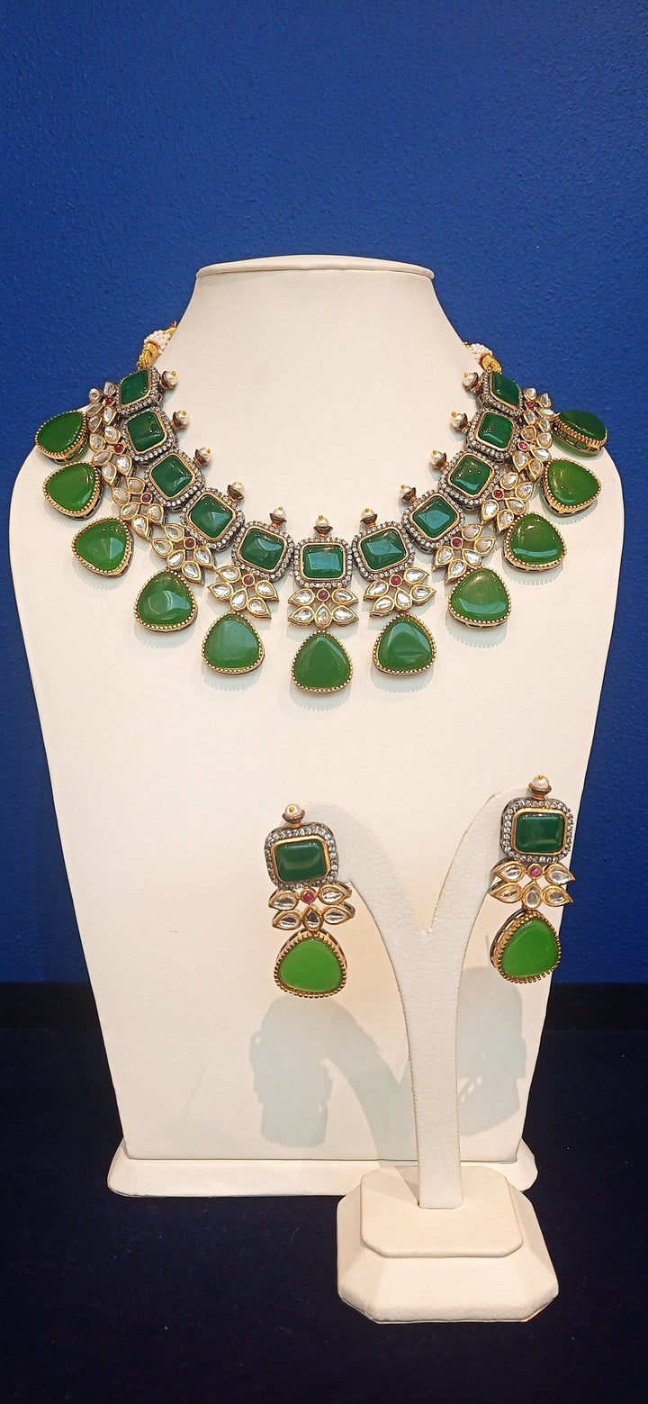 Noreena Green Stone and Kundan Necklace and Earrings Set