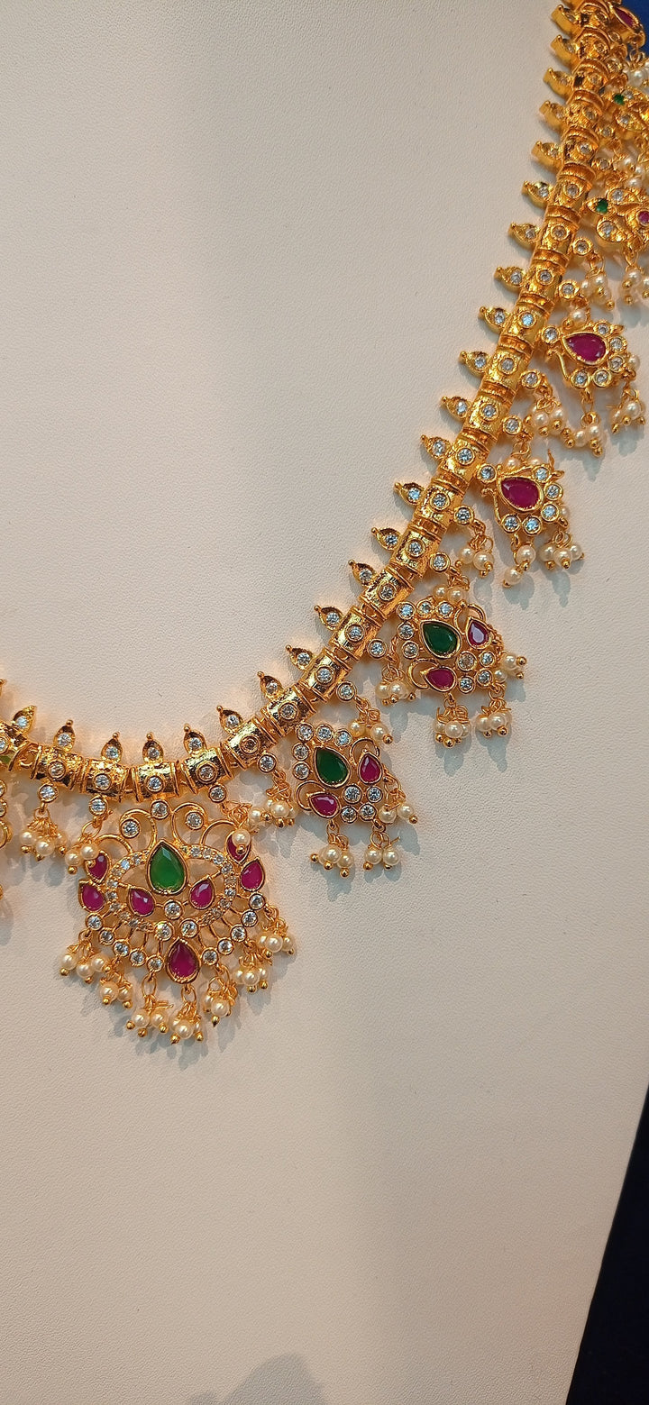 Subhadra Delicate Imitation Gold, Ruby and Emerald Necklace and Earrings Set