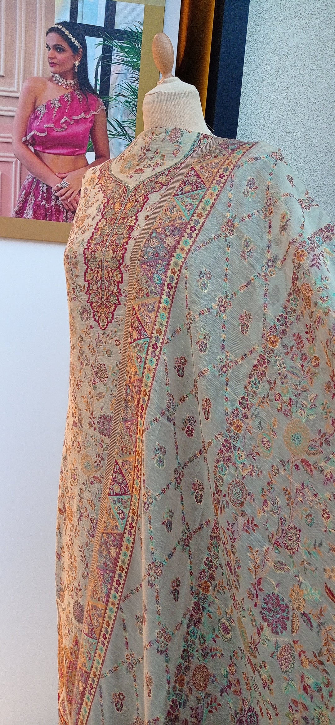 Gitasha Summer Sky Blue Floral Cotton Silk Suit Set (Unstitched)