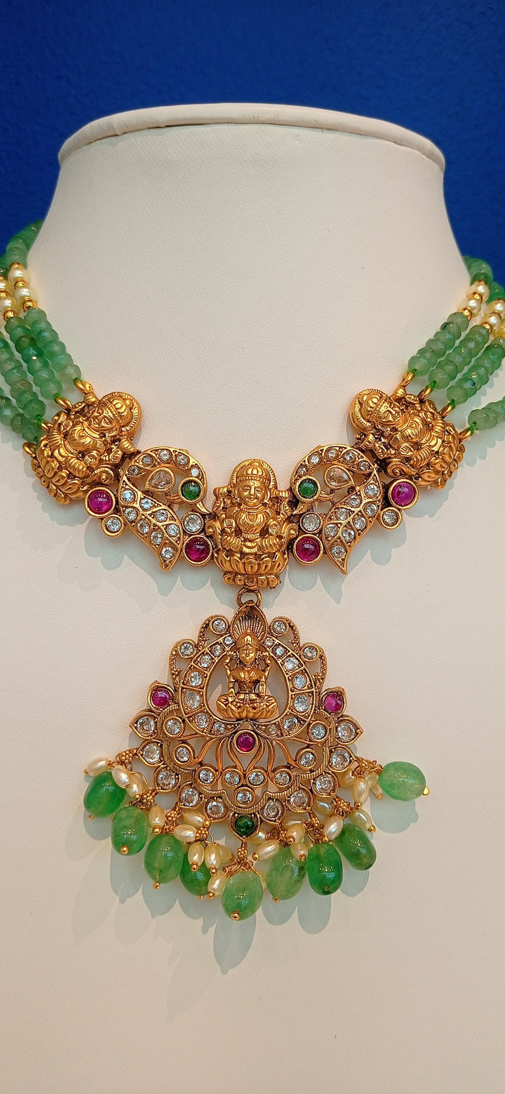 Little Goddesses Green and Gold Temple Jewellery Necklace and Earrings Set