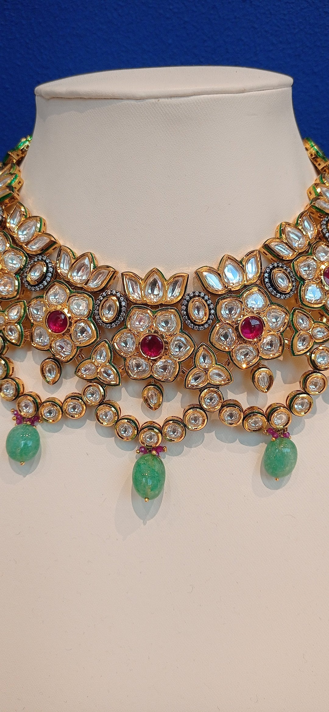 Syrah Kundan Floral Ruby and Emerald Beaded Necklace and Earrings Indian Bridal Wedding Set