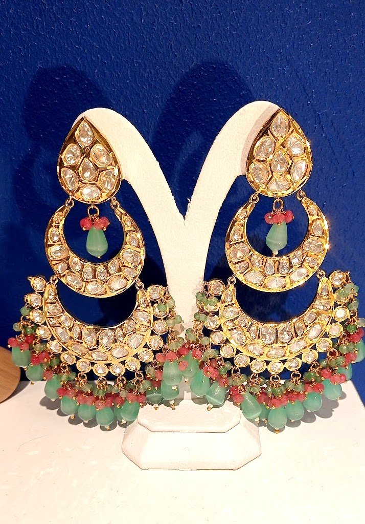 Shehnaz Statement Kundan Earrings with Turquoise and Red Beads