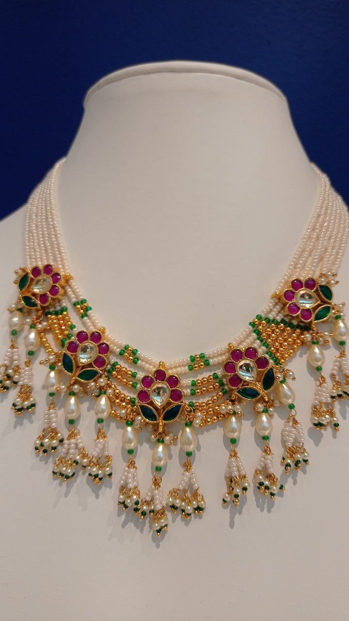 Rachna Floral White Beaded Mughal Kundan Necklace and Earrings Set