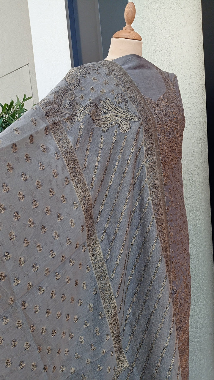 Gitasha Silver Grey Cotton Silk Suit Set (Unstitched)