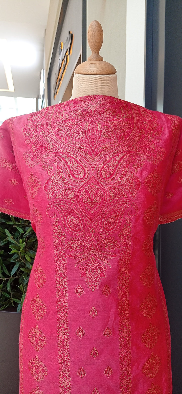 Gitasha Pink and Red Subtle Zari Paisley Pure Silk Suit Set with a Chevron Dupatta (Unstitched)