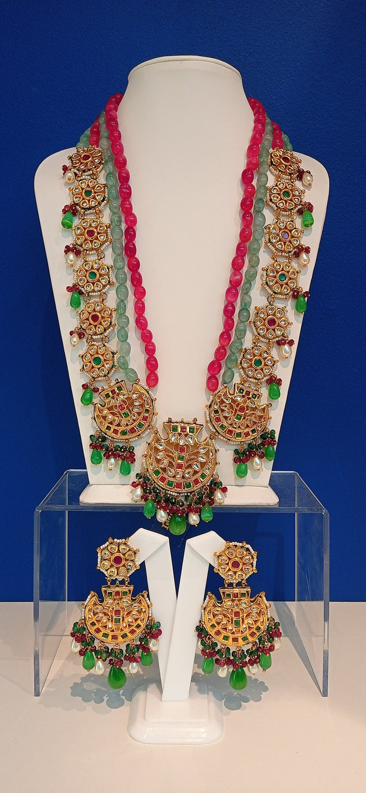 Sonam Turquoise and Pink Beaded Scallop Kundan Necklace and Earrings set