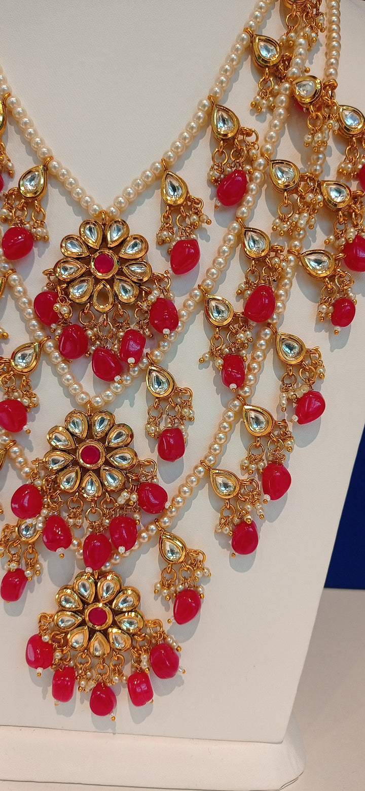 Avantika Floral Multi-Strand Kundan Wedding Necklace and Earring Set with Red Beads