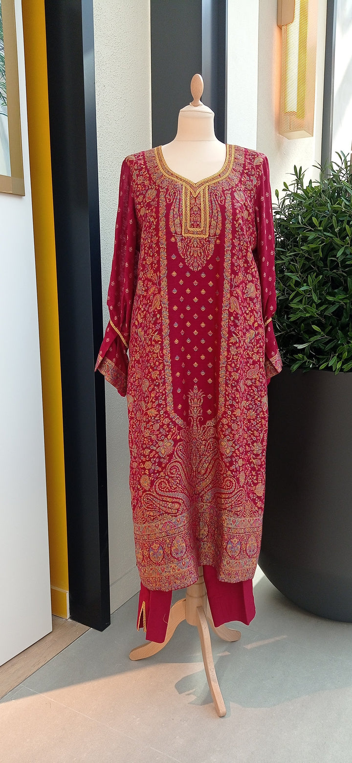 Gitasha Red and Gold Cotton Silk Suit with Box Sleeves (Ready-to-Wear)
