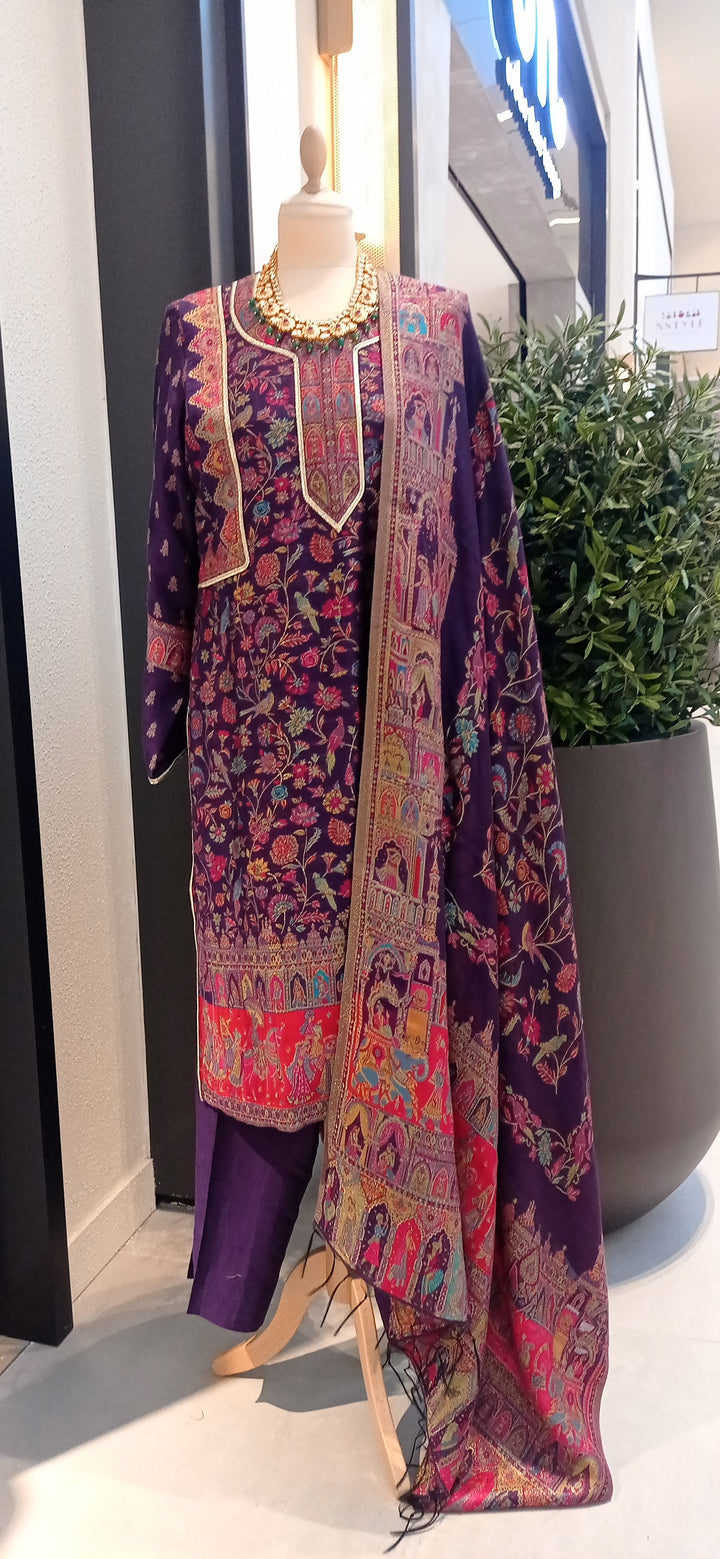 Gitasha Royal Court Purple Cotton Silk Suit Set with Dancers, Parrots, and Palace Scene (Ready-to-Wear)