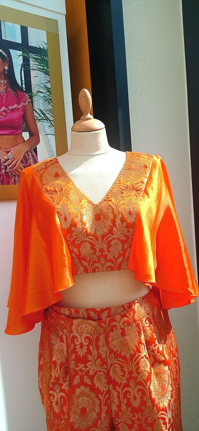 Saisha Orange and Gold Brocade Crop-Top and Pants Co-Ord Set