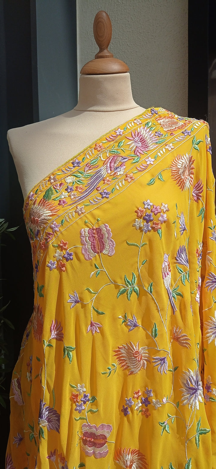 Sunshine Yellow Parsigara Embroidery Birds and Flowers Georgette Dupatta