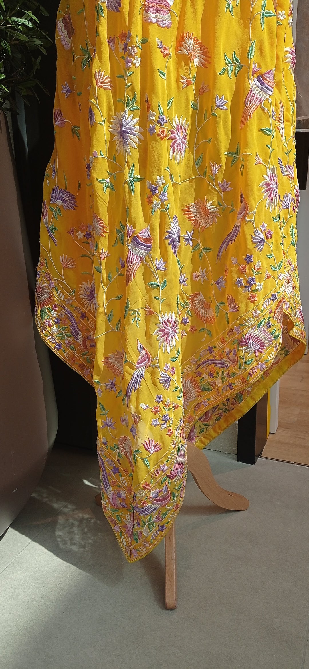 Sunshine Yellow Parsigara Embroidery Birds and Flowers Georgette Dupatta
