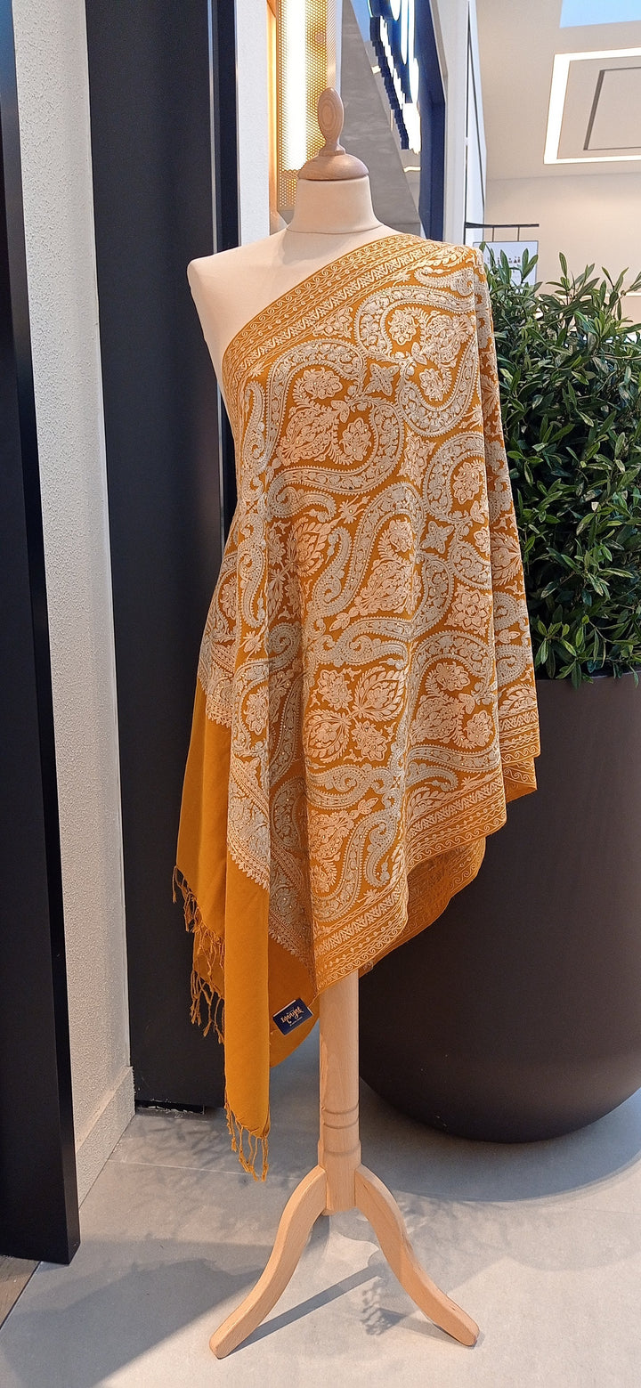 Arazou Mustard Embroidered Mixed Cashmere Scarf