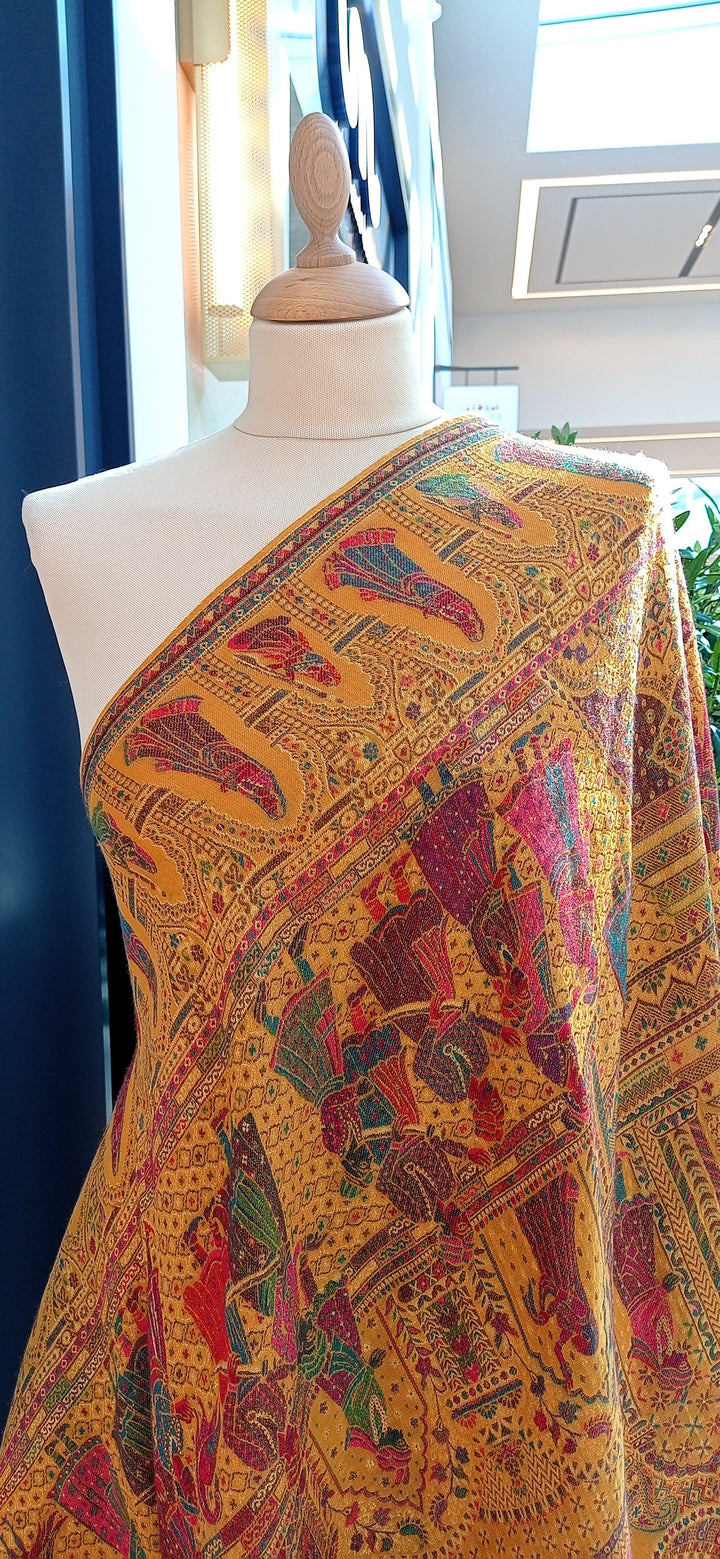 Bhoomi Haldi Yellow Cashmere Shawl with a Mughal Palanquin Procession Scene embellished with Gold Zari