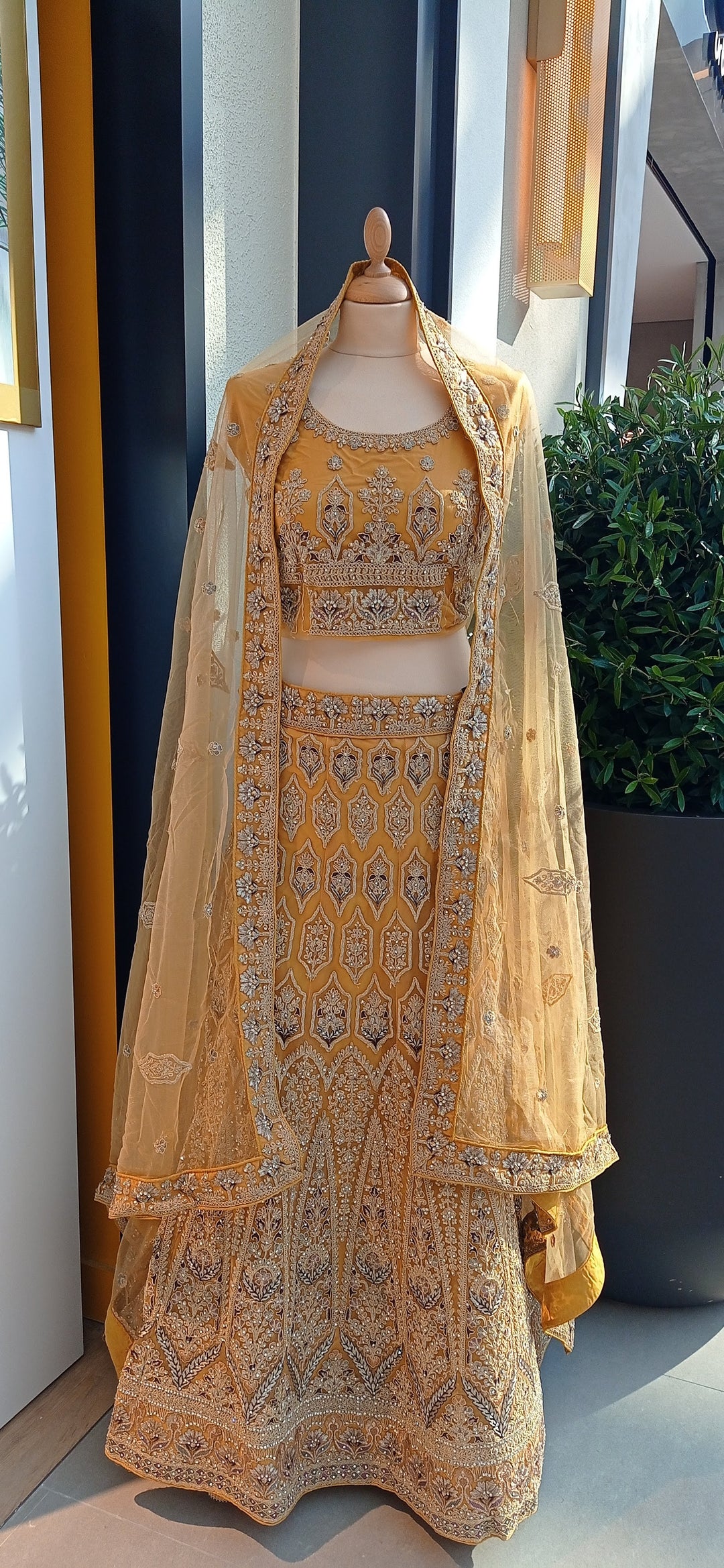 Shagun Earthy Mustard Lehenga with Geometric Embroidery (Unstitched)