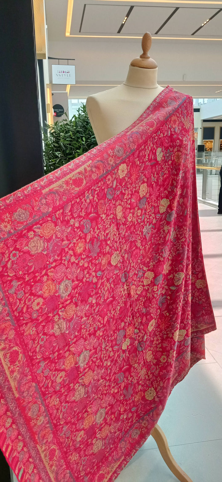 Bhoomi Red Cashmere Shawl with Multicolor Roses