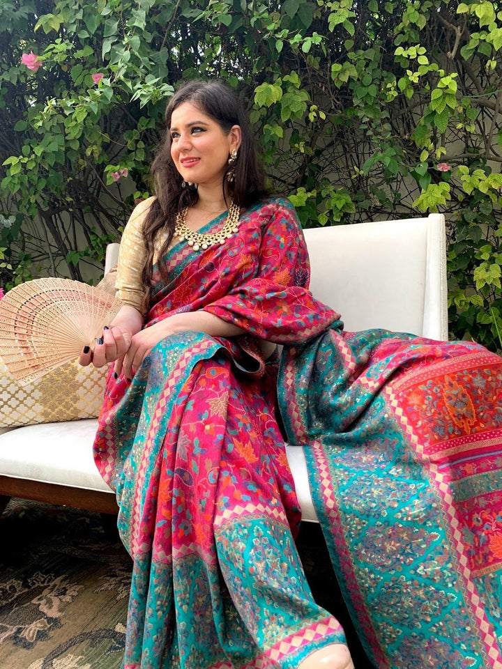 Nayan Kaani Silk Saree Pink and Turquoise Floral Design With Zari (Pre-Order)