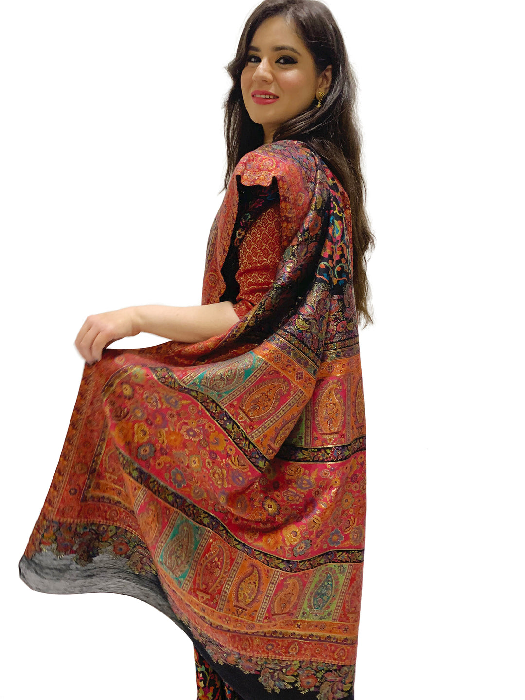 Nayan Silk Saree Black, Red, Turquoise Paisley Design With Zari (Pre Order)