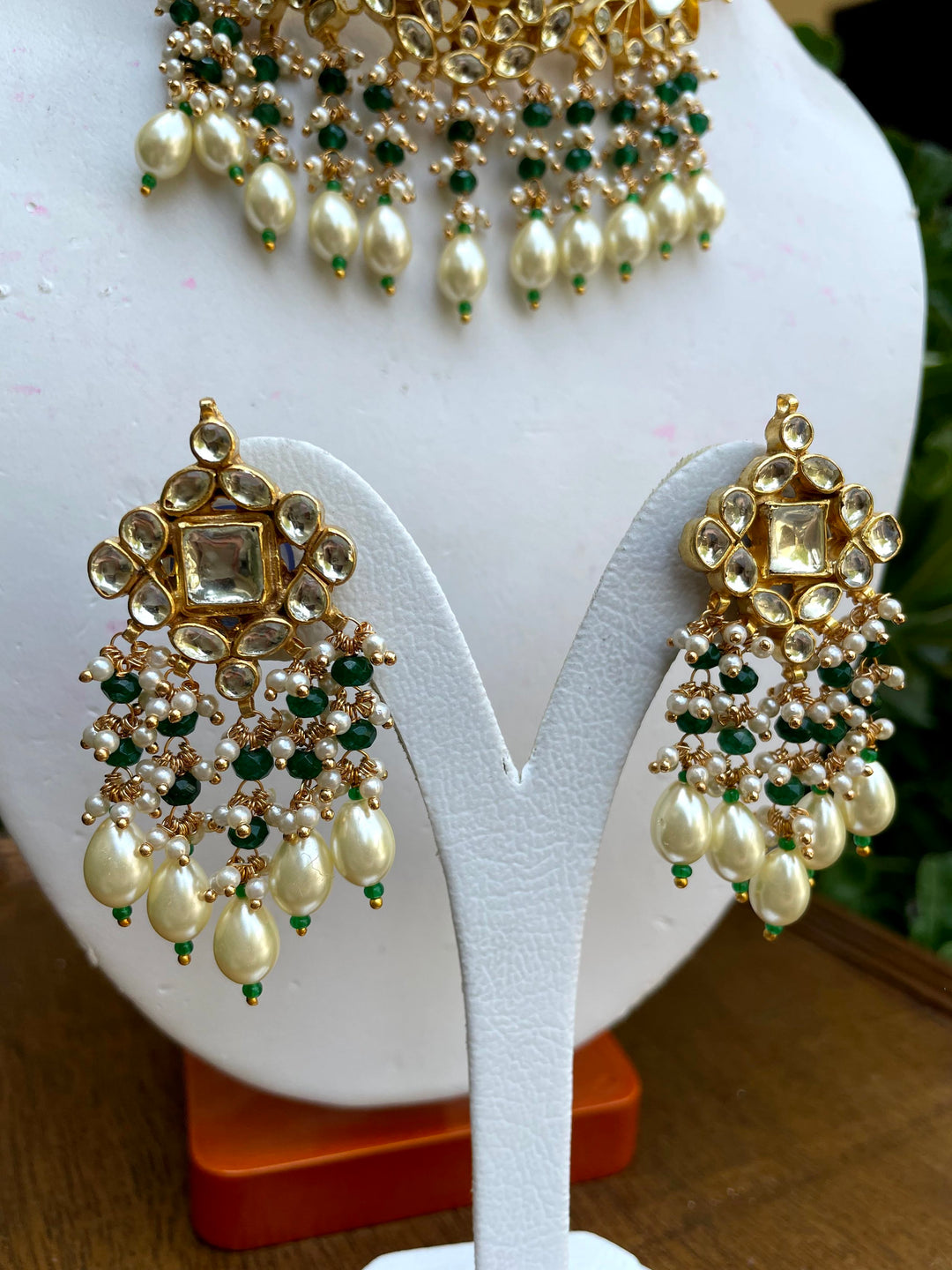 Suri Imitation Kundan Polki Diamond Choker Necklace and Earrings Set with Green and Cream Beads