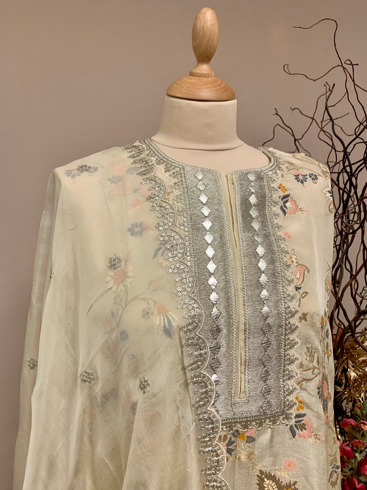 Shobha Cream Colored Silk Brocade Suit Set (Semi Stitched)