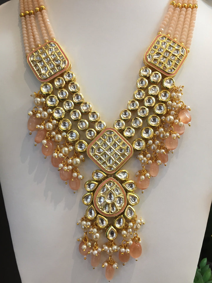 Xenia Kundan and Peach Beaded Necklace and Earrings Set