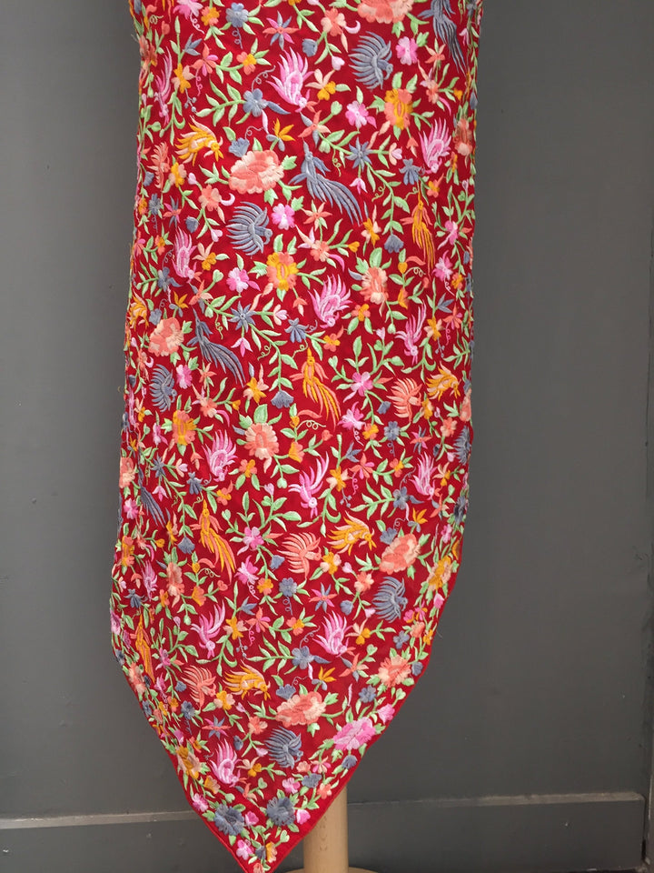 Red Parsigara Georgette Dupatta with Colorful Fish, Birds, and Flower Embroidery