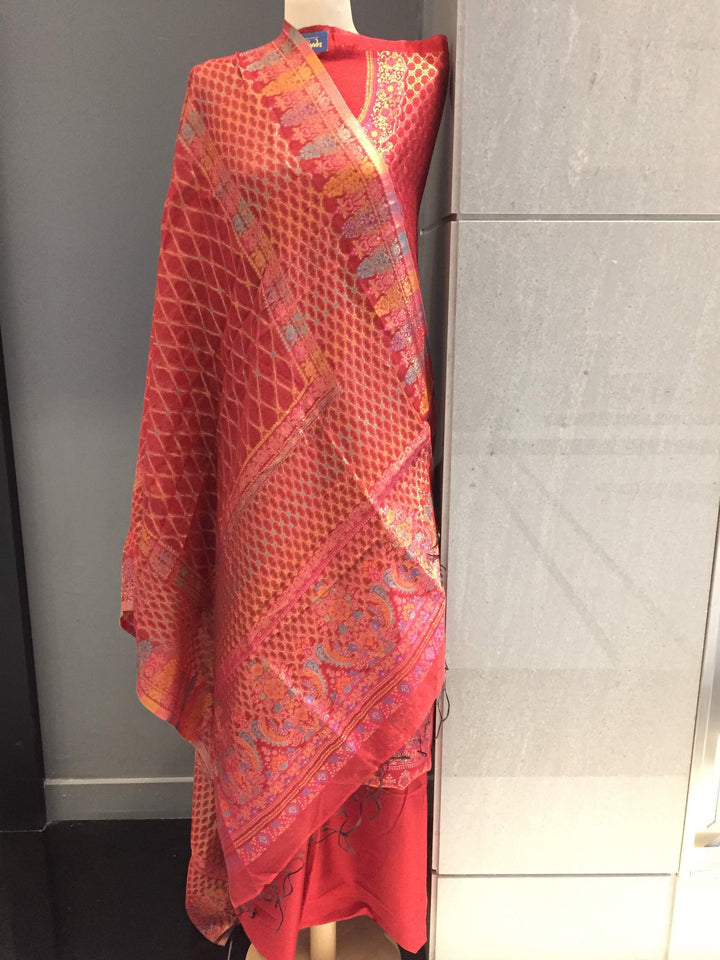 Gitasha Deep Red, Gold Zari and Turquoise Cotton Silk Suit Set (Unstitched)