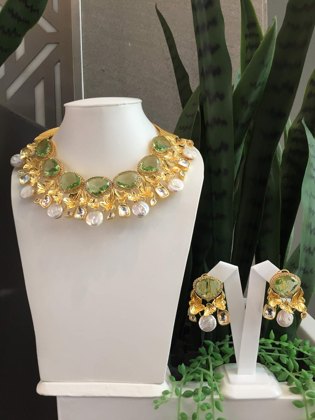 Aphrodite Masterpiece Emerald, Baroque Pearls, and Gold Necklace & Earring Set