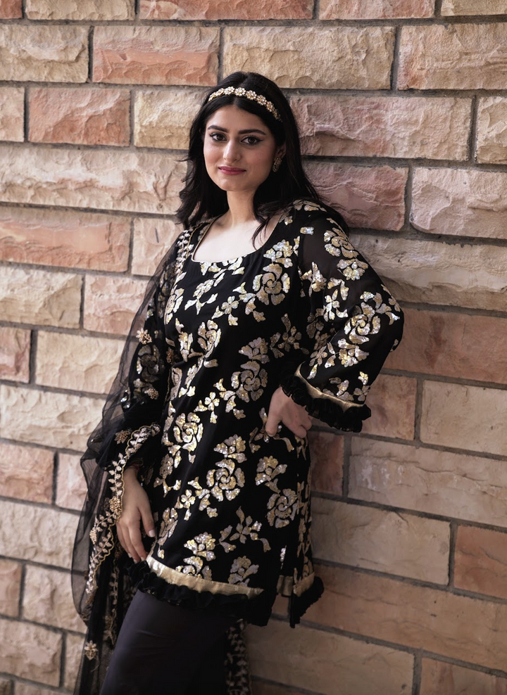Saisha Black and Gold Large Floral Sequins Co-Ord Suit Set