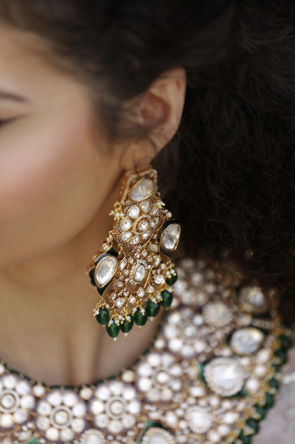Jodhaa Masterpiece Green and Gold Kundan Bridal Statement Necklace, Earrings, and Mang Teeka Set