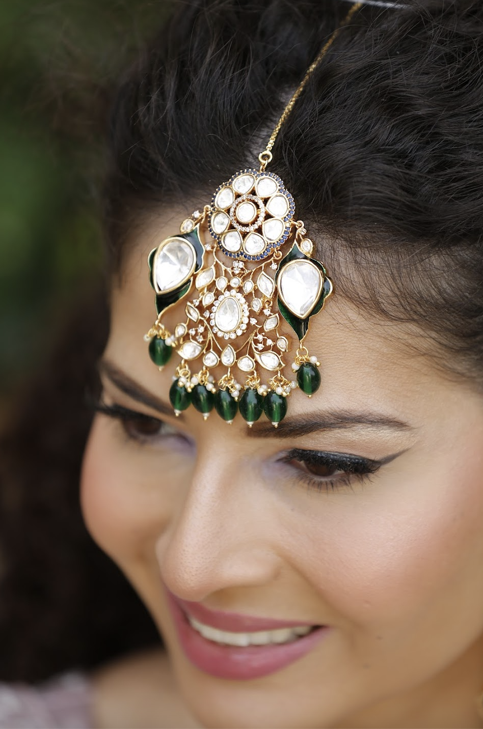 Jodhaa Masterpiece Green and Gold Kundan Bridal Statement Necklace, Earrings, and Mang Teeka Set