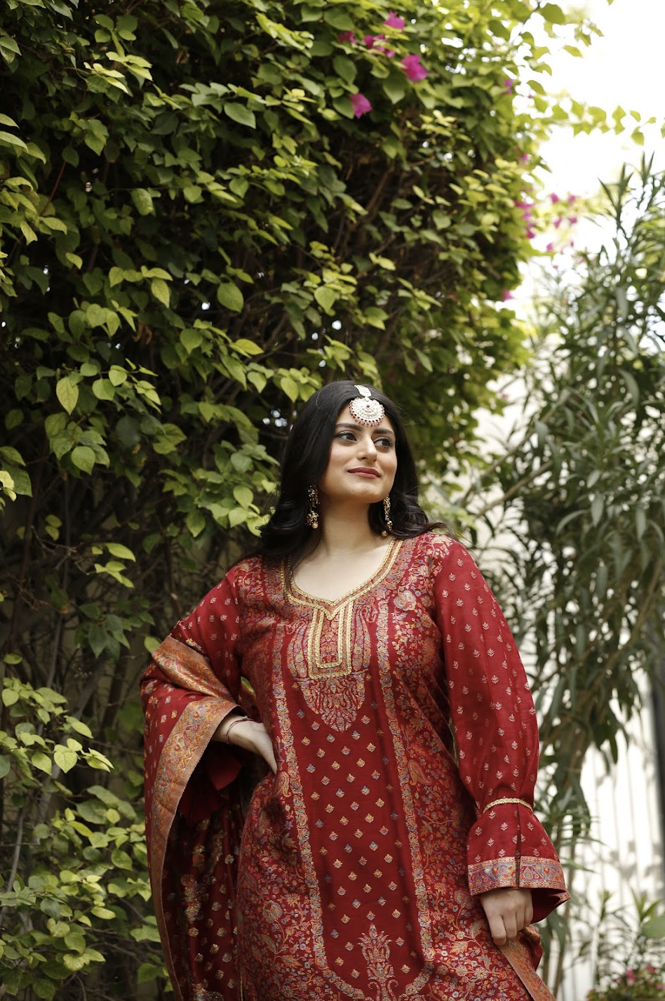 Gitasha Red and Gold Cotton Silk Suit with Box Sleeves (Ready-to-Wear)