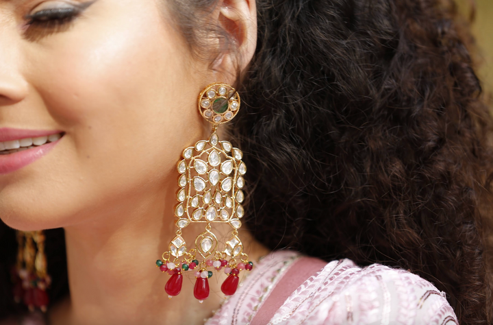 Maya Kundan Statement Imitation Polki Diamond, Ruby, and Bead Long Earrings