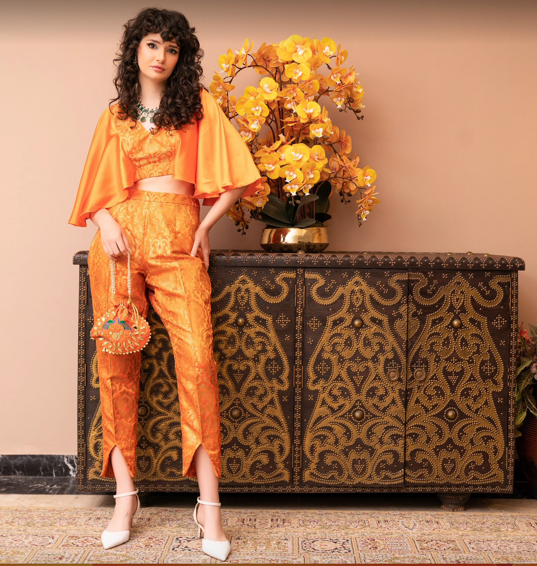Saisha Orange and Gold Brocade Crop-Top and Pants Co-Ord Set