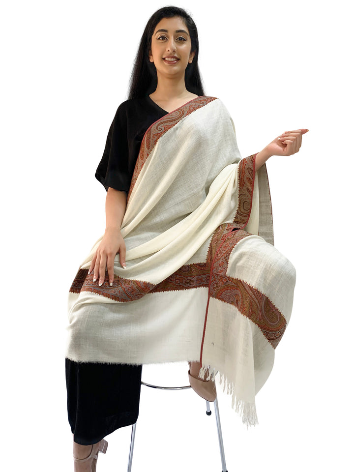 Ghazala White Pashmina Shawl with Hand-Embroidered Antique Borders