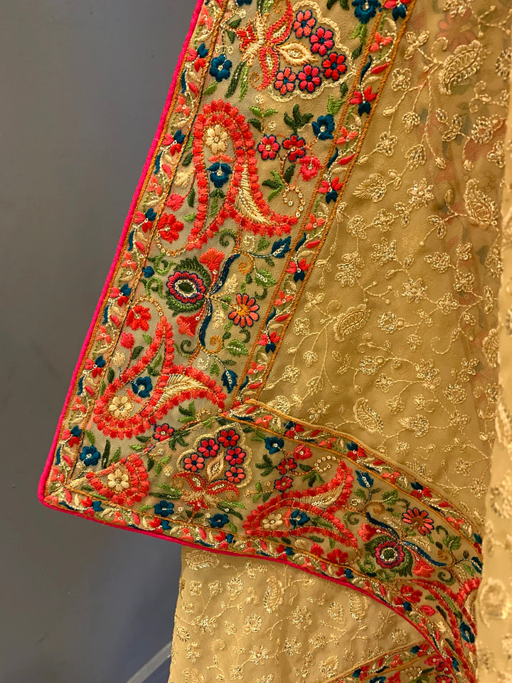 Geet Yellow Georgette Dupatta with an Antique-Style Kashmiri Embroidered Dupatta