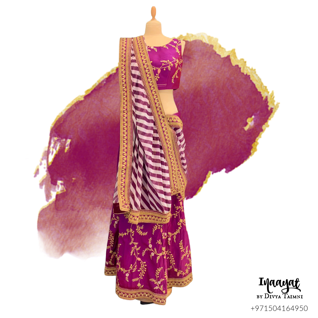Shagun Purple Raw Silk Lehenga with a Striped Dupatta (Ready-to-Wear)