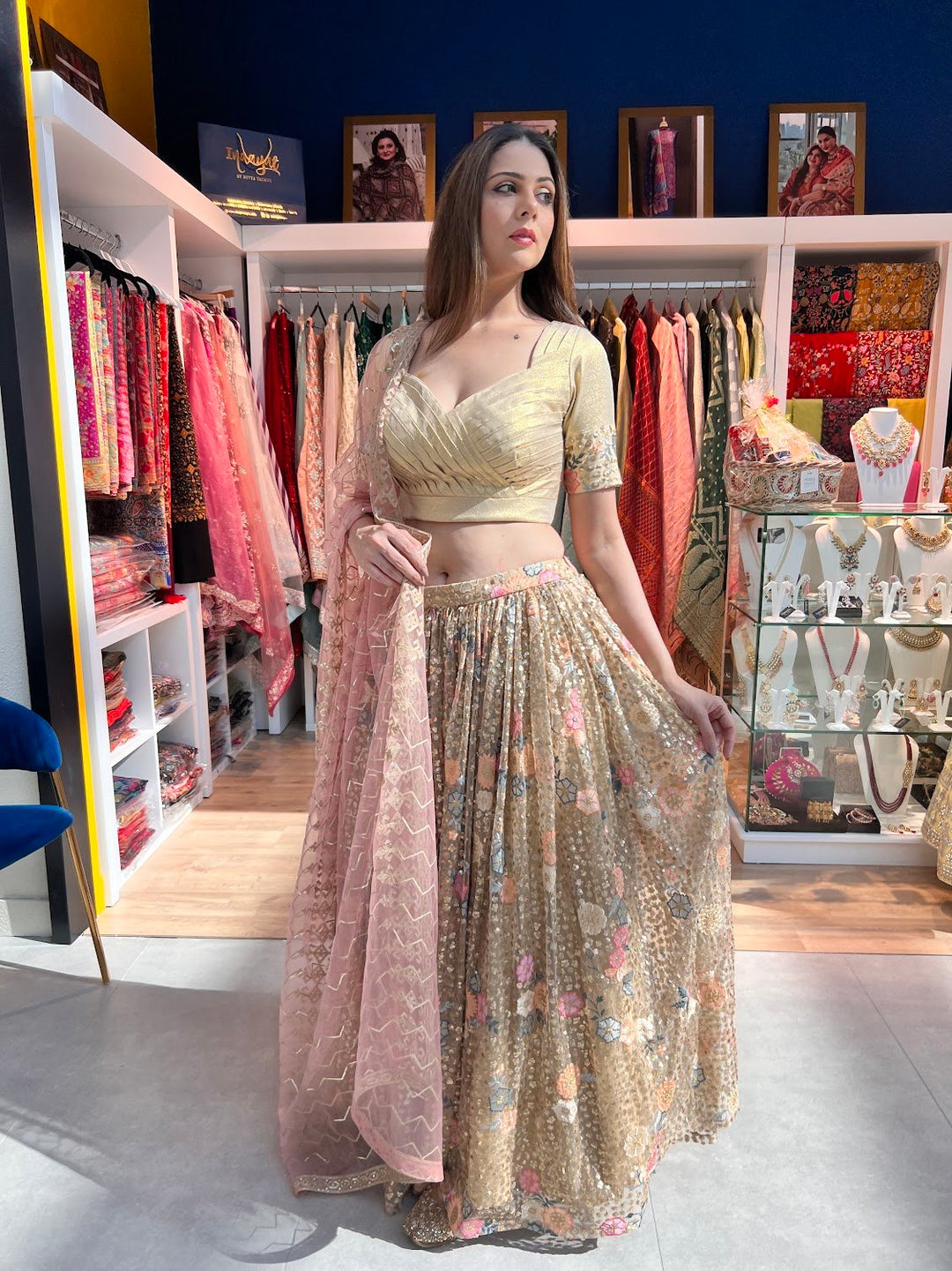 Emirati wedding outfits for women Shanaya Gold and Pink Sequins Floral Lehenga (Ready-to-Wear)